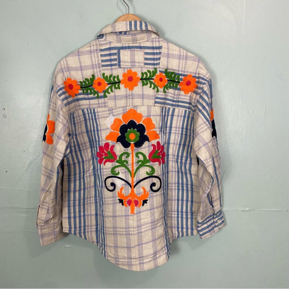 Free People Embroidered Sashiko Shirt Plaid Floral Oversized XS Blue Ivory - Picture 5 of 7